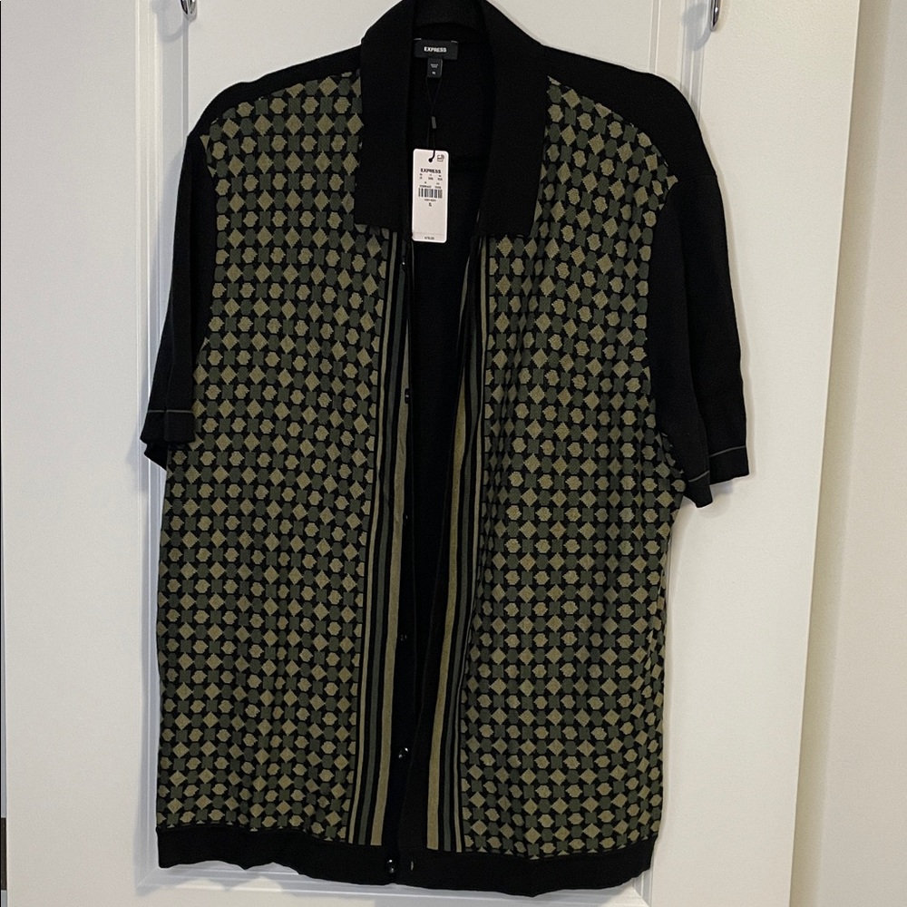 Express Olive and Black Short Sleeve Zip Cardigan with Geometric Knit